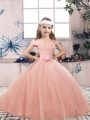 On Sale Peach Ball Gowns Lace and Belt Girls Pageant Dresses Lace Up Tulle Sleeveless Floor Length