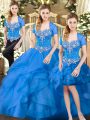 Wonderful Sweetheart Sleeveless Quince Ball Gowns Floor Length Beading and Ruffles Blue Tulle