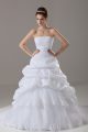 Clearance White Lace Up Wedding Dress Lace and Pick Ups Sleeveless Brush Train