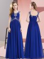 Custom Fit Sleeveless Chiffon Floor Length Lace Up Prom Evening Gown in Royal Blue with Beading