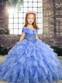 Eye-catching Floor Length Lace Up Little Girls Pageant Gowns Blue for Party and Military Ball and Wedding Party with Beading and Ruffles