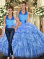 Adorable Halter Top Sleeveless Lace Up 15 Quinceanera Dress Baby Blue Organza