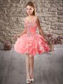 Watermelon Red Straps Neckline Beading and Ruffled Layers Prom Gown Sleeveless Lace Up