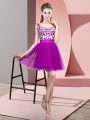 Purple A-line Lace Quinceanera Dama Dress Zipper Tulle Sleeveless Mini Length