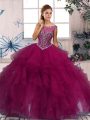 Romantic Sleeveless Floor Length Beading and Ruffles Zipper Sweet 16 Quinceanera Dress with Fuchsia