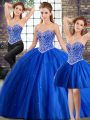 Blue Ball Gowns Tulle Sweetheart Sleeveless Beading Lace Up Quinceanera Dresses Brush Train