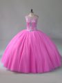 Scoop Sleeveless Lace Up Sweet 16 Dress Rose Pink Tulle