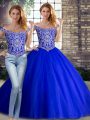 Off The Shoulder Sleeveless Brush Train Lace Up Quinceanera Gown Royal Blue Tulle