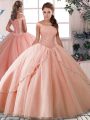 Fantastic Sleeveless Tulle Brush Train Lace Up Sweet 16 Quinceanera Dress in Peach with Beading