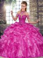 Fuchsia Sleeveless Beading and Ruffles Floor Length Ball Gown Prom Dress