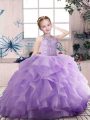 Customized Sleeveless Organza Floor Length Zipper Little Girl Pageant Dress in Lavender with Beading and Ruffles