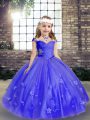 Wonderful Straps Sleeveless Little Girls Pageant Dress Wholesale Floor Length Beading and Hand Made Flower Blue Tulle