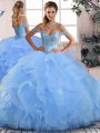 Sexy Floor Length Blue Quince Ball Gowns Off The Shoulder Sleeveless Lace Up