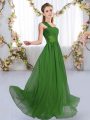 Sweet Green Empire One Shoulder Sleeveless Chiffon Floor Length Lace Up Ruching Dama Dress for Quinceanera