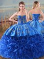 Sumptuous Royal Blue Vestidos de Quinceanera Sweet 16 and Quinceanera with Embroidery and Ruffles Sweetheart Sleeveless Brush Train Lace Up