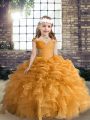 Orange Lace Up Pageant Dress for Girls Beading and Ruffles and Pick Ups Sleeveless Floor Length