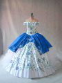 Deluxe Organza Off The Shoulder Sleeveless Lace Up Embroidery and Ruffles Vestidos de Quinceanera in Blue And White
