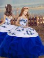 Perfect Royal Blue Sleeveless Floor Length Embroidery and Ruffles Backless Little Girl Pageant Gowns