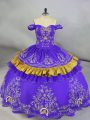 Purple Ball Gowns Off The Shoulder Sleeveless Satin Floor Length Lace Up Embroidery Quince Ball Gowns