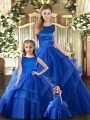 Royal Blue Ball Gowns Tulle Scoop Sleeveless Ruffled Layers Floor Length Lace Up Quinceanera Dress