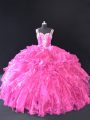 Organza Straps Sleeveless Lace Up Beading and Ruffles Vestidos de Quinceanera in Fuchsia