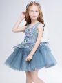 Grey Toddler Flower Girl Dress Wedding Party with Lace and Appliques V-neck Sleeveless Lace Up