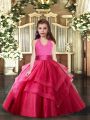 Hot Pink Halter Top Lace Up Ruffled Layers Pageant Gowns For Girls Sleeveless