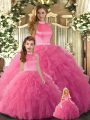 Exceptional Hot Pink Tulle Backless Ball Gown Prom Dress Sleeveless Floor Length Beading and Ruffles