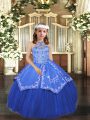 Royal Blue Halter Top Lace Up Beading and Appliques Kids Formal Wear Sleeveless