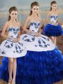 Sweet Royal Blue Organza Lace Up Sweetheart Sleeveless Floor Length Sweet 16 Quinceanera Dress Embroidery and Ruffled Layers and Bowknot