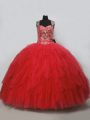 Suitable Floor Length Lace Up Sweet 16 Dress Red for Sweet 16 and Quinceanera with Beading and Ruffles