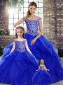 Delicate Royal Blue Quinceanera Dress Military Ball and Sweet 16 and Quinceanera with Beading and Ruffles Off The Shoulder Sleeveless Brush Train Lace Up
