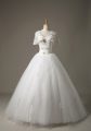 Stunning White Wedding Dress Beach with Beading and Appliques V-neck Short Sleeves Lace Up