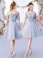 Most Popular Knee Length Grey Bridesmaid Dress Tulle Short Sleeves Lace and Belt