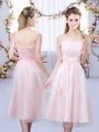 Chic Baby Pink Tulle Lace Up Wedding Guest Dresses Short Sleeves Tea Length Lace and Belt