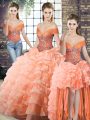 Peach Lace Up 15th Birthday Dress Beading and Ruffled Layers Sleeveless Brush Train