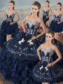 Clearance Navy Blue Sweetheart Neckline Embroidery and Ruffles Sweet 16 Quinceanera Dress Sleeveless Lace Up