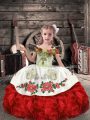 Fancy Floor Length White And Red Girls Pageant Dresses Organza Sleeveless Beading and Embroidery and Ruffles