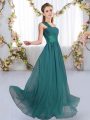 Edgy Sleeveless Floor Length Ruching Lace Up Bridesmaid Gown with Peacock Green