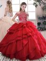 Floor Length Red Quinceanera Dresses Organza Sleeveless Beading and Ruffled Layers