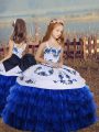 Glorious Royal Blue Straps Neckline Embroidery and Ruffled Layers Pageant Gowns For Girls Long Sleeves Lace Up