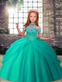 Great Floor Length Turquoise Custom Made Pageant Dress Tulle Sleeveless Beading
