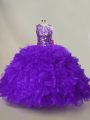 Super Sleeveless Floor Length Ruffles and Sequins Lace Up 15 Quinceanera Dress with Purple