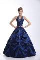 Luxury Floor Length Lace Up Sweet 16 Quinceanera Dress Royal Blue and In with Embroidery and Pick Ups