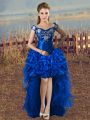 Ideal Royal Blue Organza Lace Up Off The Shoulder Sleeveless High Low Prom Dresses Embroidery and Ruffles