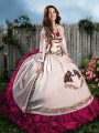 Hot Pink Ball Gowns Embroidery and Ruffles 15 Quinceanera Dress Lace Up Satin Sleeveless Floor Length