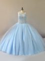 Edgy Floor Length Lace Up Vestidos de Quinceanera Light Blue for Sweet 16 and Quinceanera with Beading