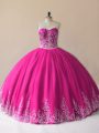 High Quality Fuchsia Ball Gowns Sweetheart Sleeveless Tulle Floor Length Lace Up Embroidery Vestidos de Quinceanera