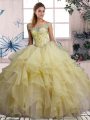 Unique Organza Off The Shoulder Sleeveless Lace Up Beading and Ruffles Quinceanera Dresses in Yellow
