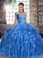 New Arrival Off The Shoulder Sleeveless Sweet 16 Quinceanera Dress Brush Train Beading and Ruffles Blue Organza